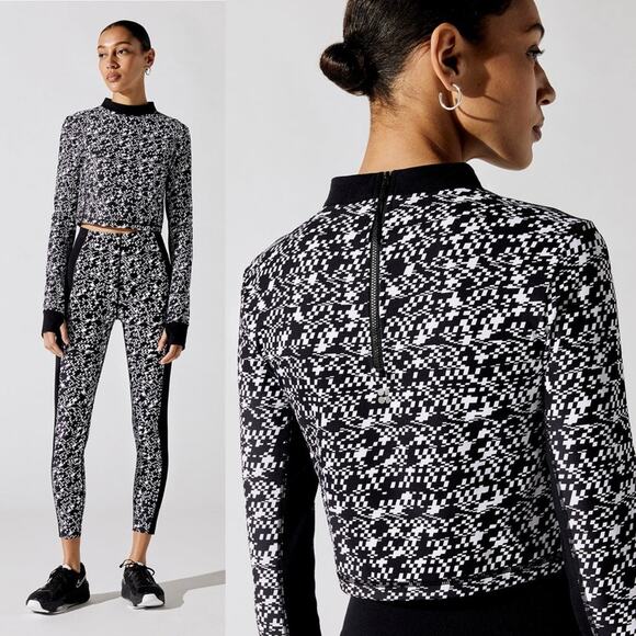 Sweaty Betty Power Zip Back Long Sleeve Crop Top Black Mini Geo Build Print - Picture 2 of 11